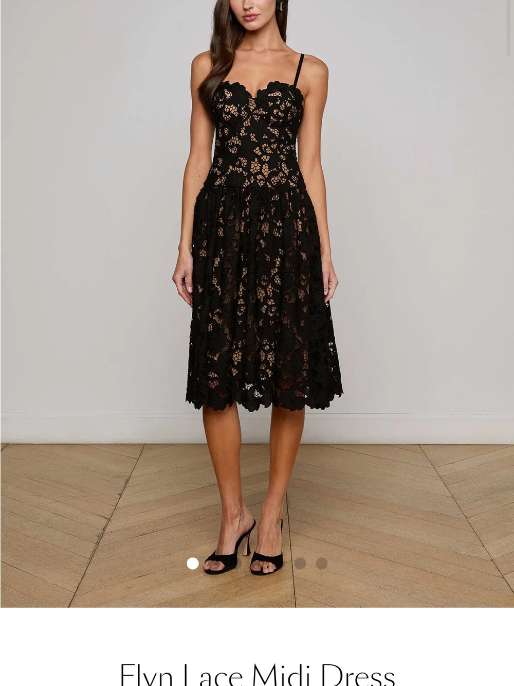 L'AGENCE Black Flyn Lace Midi Dress with Spaghetti Straps